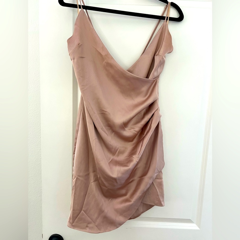 Blush/beige satin like spaghetti strap dress with slit and adjustable straps